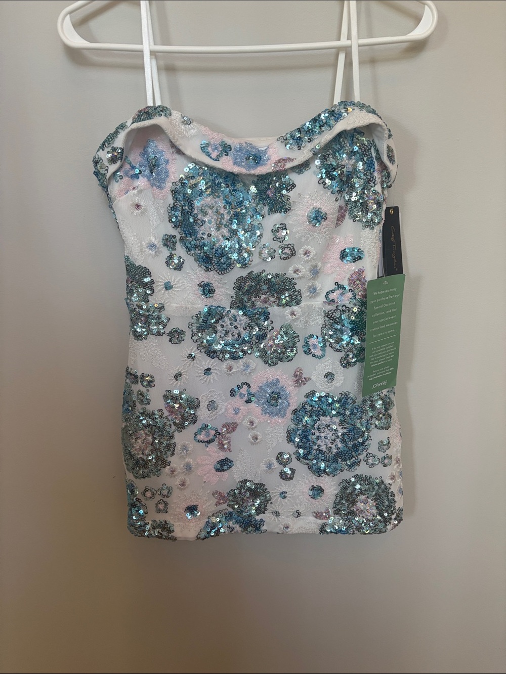 City Triangles White Strapless Sequin Floral Dress with Aqua Accents